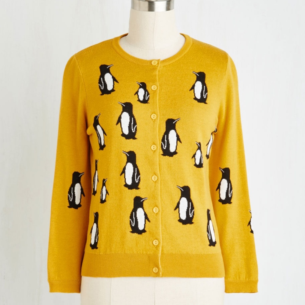 Modcloth Yellow Penguin Print Cardigan